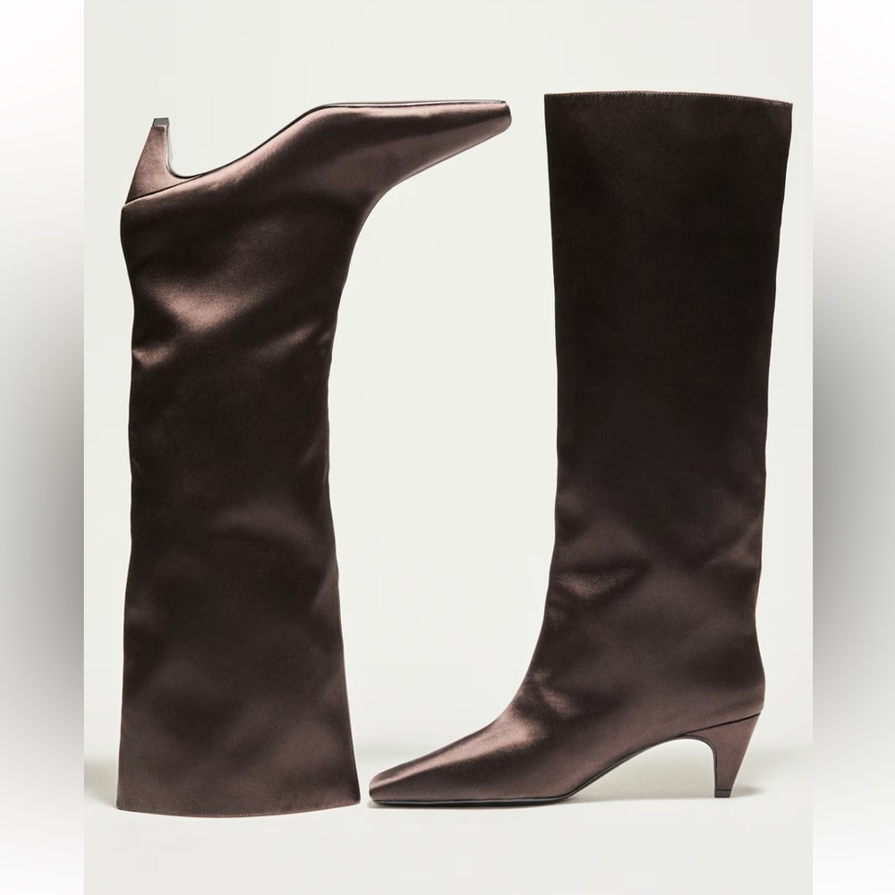 H&M NWT satin brown knee high kitten boots